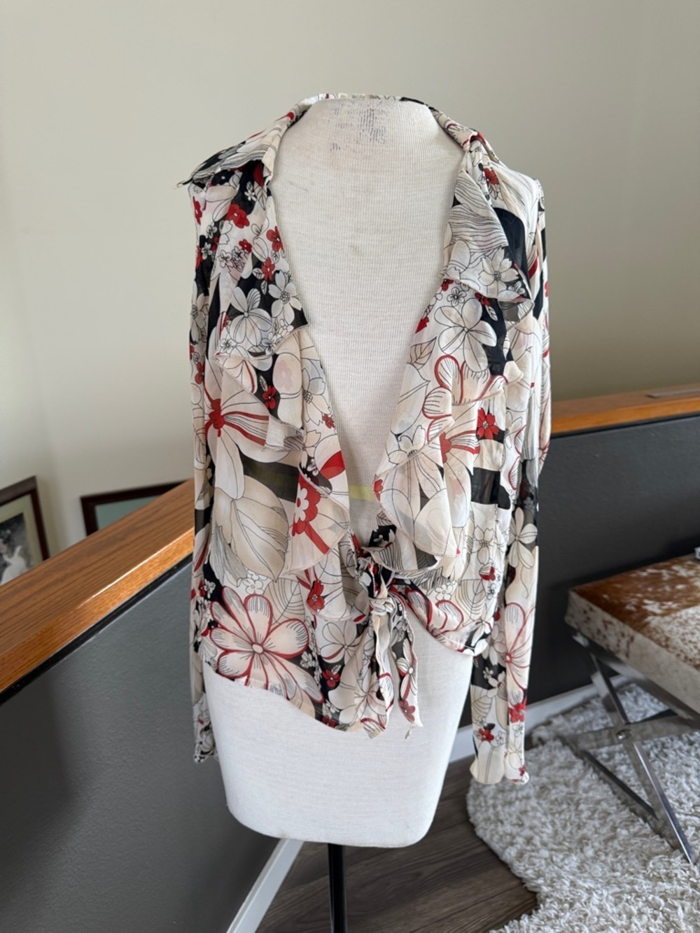 Lucky Brand Black Red & Cream Floral Blouse Front tie